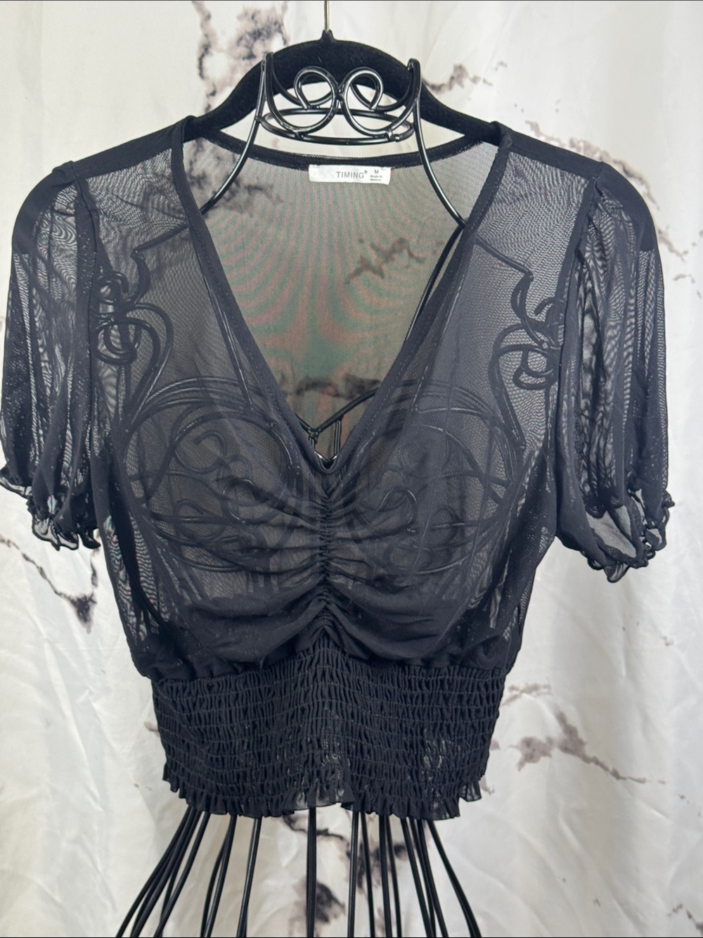Timing Sheer V-Neck Cropped Top Black Mesh Short Ruffled Sleeve Ruched Bodice